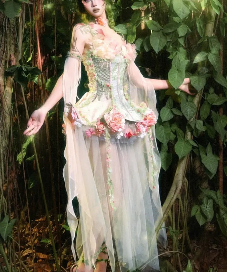Fairy tale corset dress Forest Spirit Flower Goddess Fairy Dress Fantasy Style Gown | Cottagecore Corset Dress | Fairycore Chiffon Skirt Set