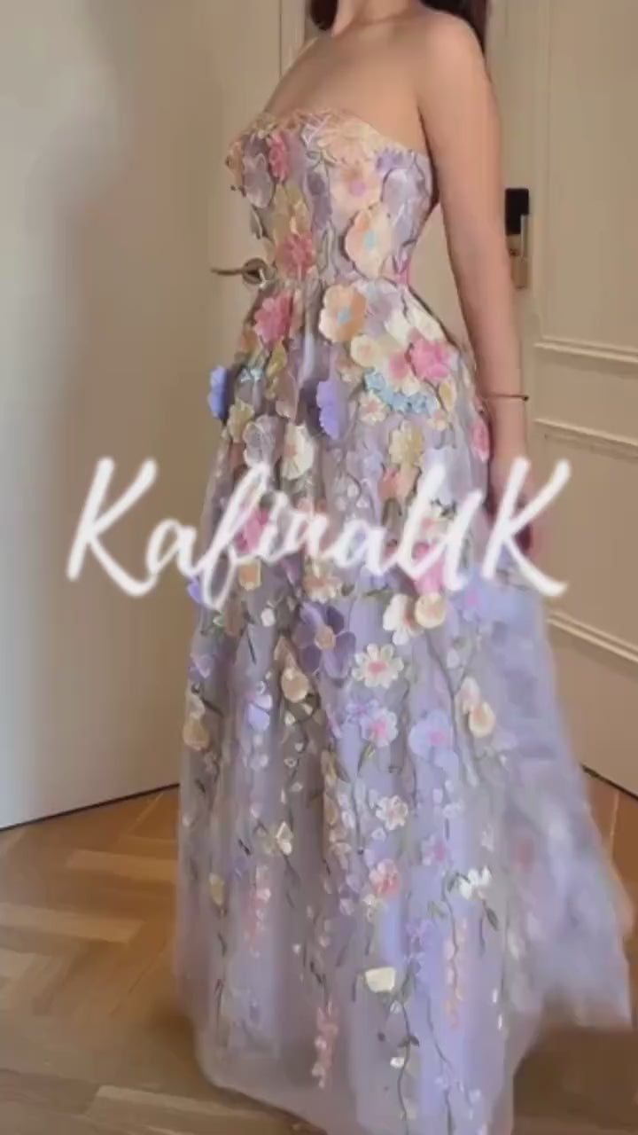 Embroidered Floral Tulle Dress: Strapless Spring Midi Gown