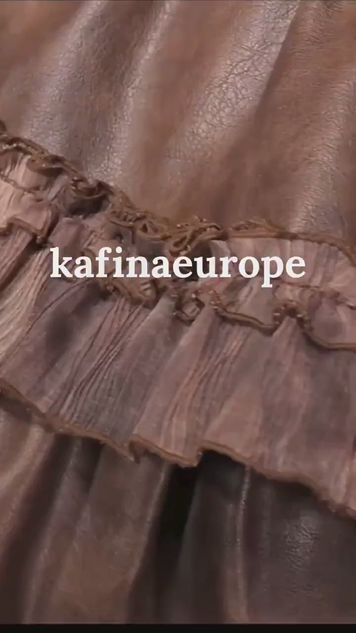 Steampunk Corset Brown Faux Leather & Damask Bustle Victorian Corset Dress High-Low Ruffle Gown, Renaissance Gothic Witchy Long Dress