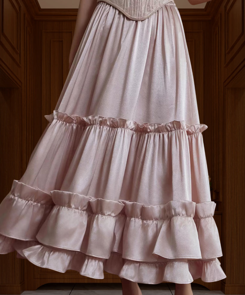 Pink Satin Corset Dress Set | French Palace Ruffle Skirt