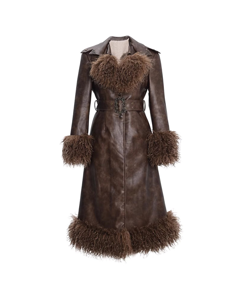 Distressed Brown Lambskin Leather Trench Coat with Shearling Collar