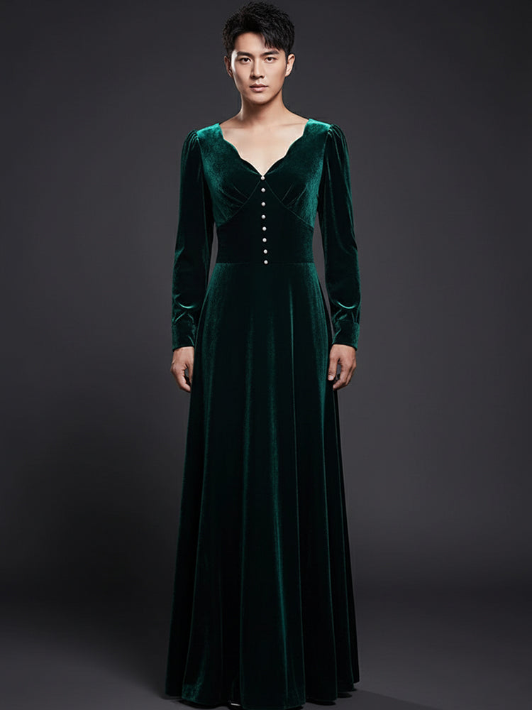 Korean Velvet Maxi Dress for Women – Long Sleeve Winter Evening Gown