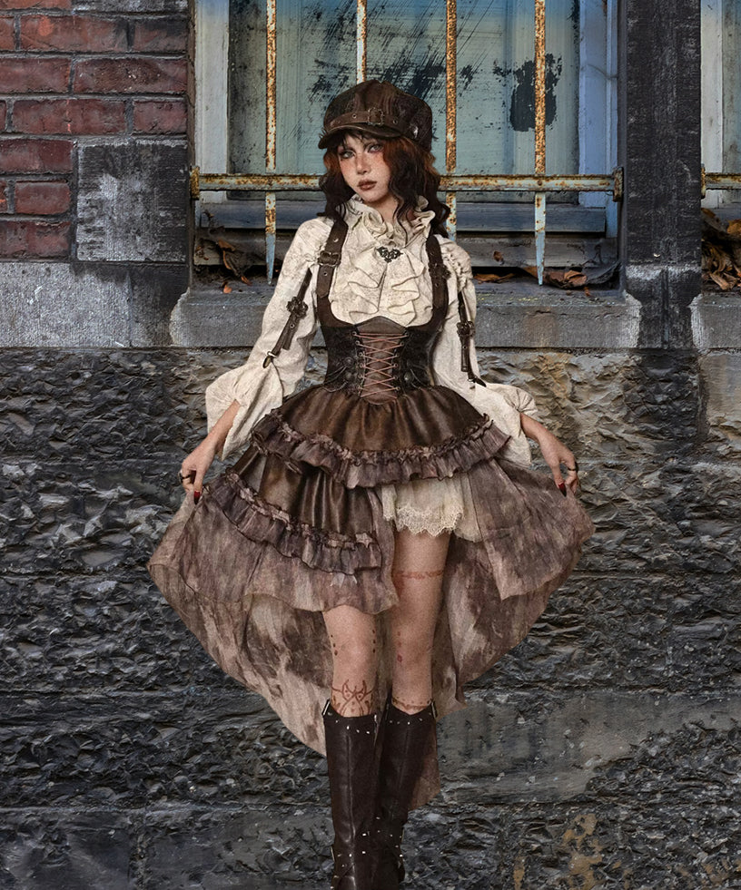 Steampunk Corset Brown Faux Leather & Damask Bustle Victorian High-Low Ruffle Gown – Gothic Renaissance Witchy Dress