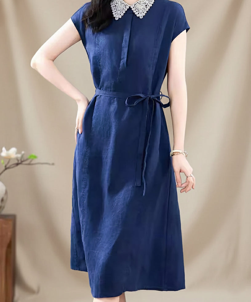 100% Linen Belted Midi Dress with Pockets – Organic Flax, Collared Neck