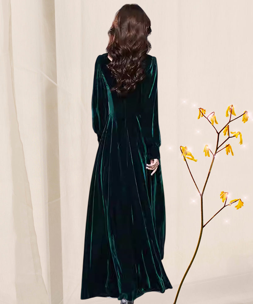 Korean Velvet Maxi Dress for Women – Long Sleeve Winter Evening Gown