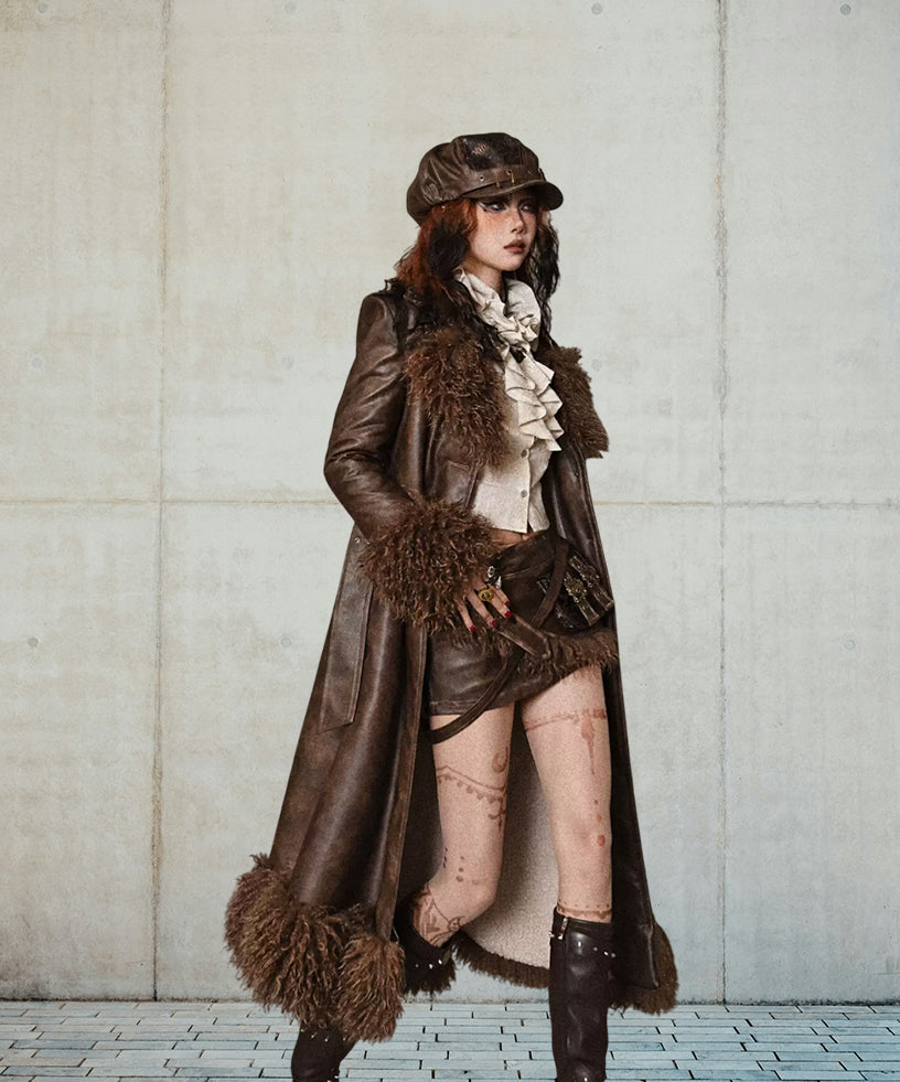 Distressed Brown Lambskin Leather Trench Coat with Shearling Collar