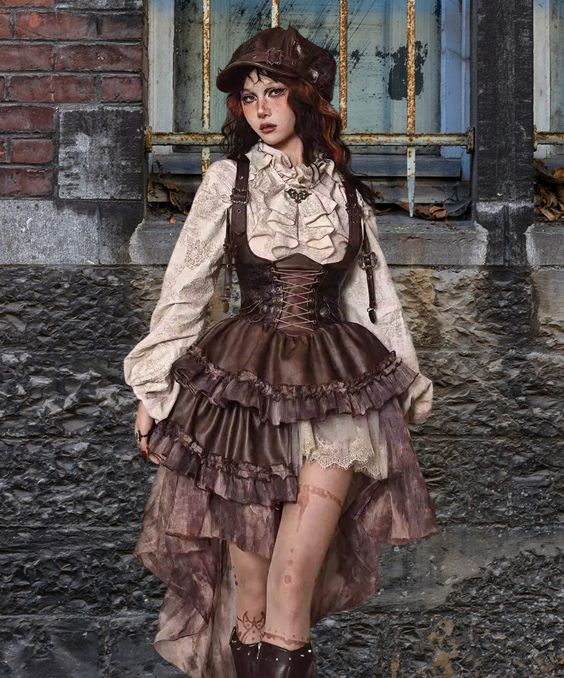 Steampunk Corset Brown Faux Leather & Damask Bustle Victorian High-Low Ruffle Gown – Gothic Renaissance Witchy Dress
