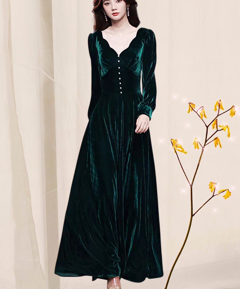 Korean Velvet Maxi Dress for Women – Long Sleeve Winter Evening Gown