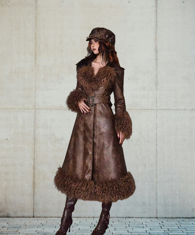 Distressed Brown Lambskin Leather Trench Coat with Shearling Collar