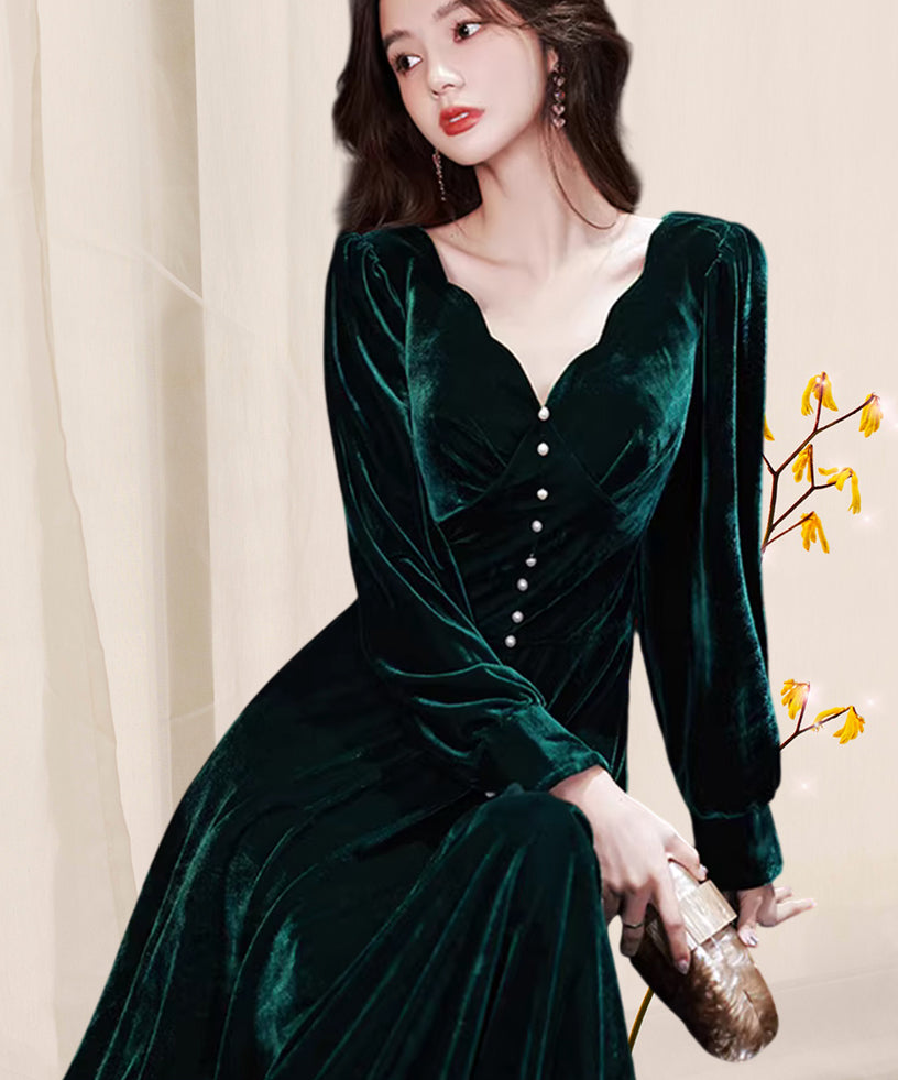 Korean Velvet Maxi Dress for Women – Long Sleeve Winter Evening Gown