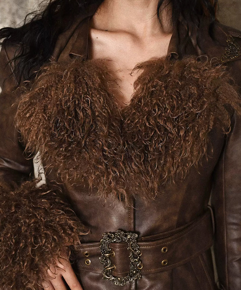 Distressed Brown Lambskin Leather Trench Coat with Shearling Collar