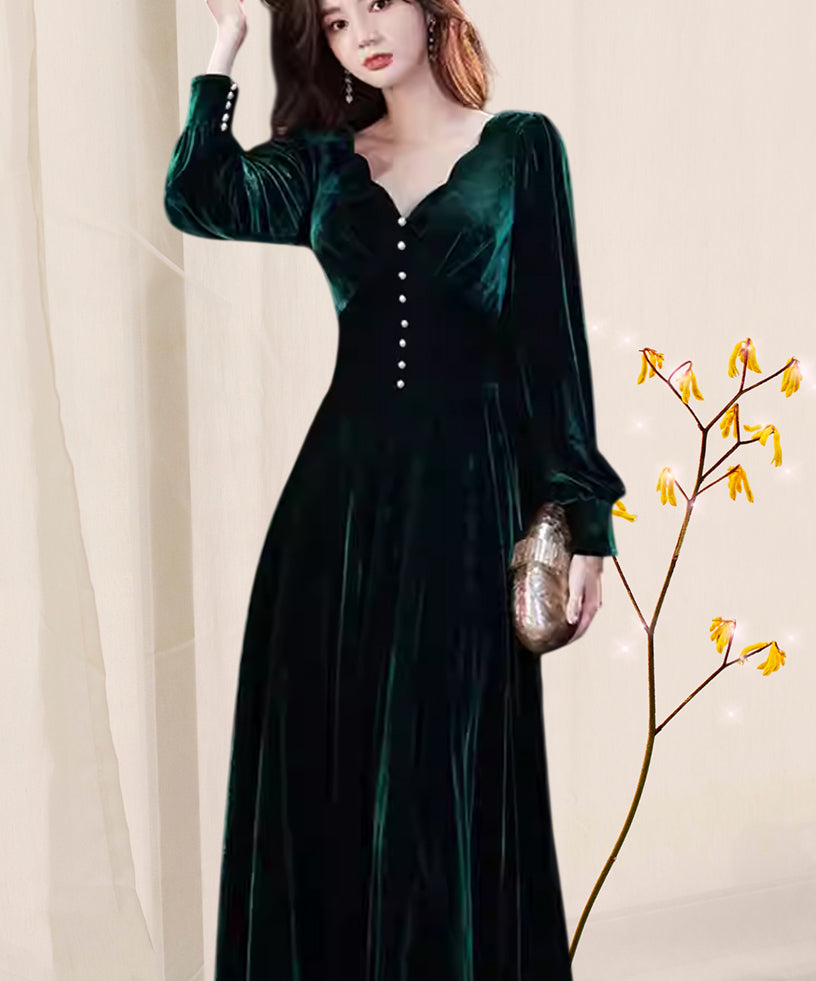 Korean Velvet Maxi Dress for Women – Long Sleeve Winter Evening Gown