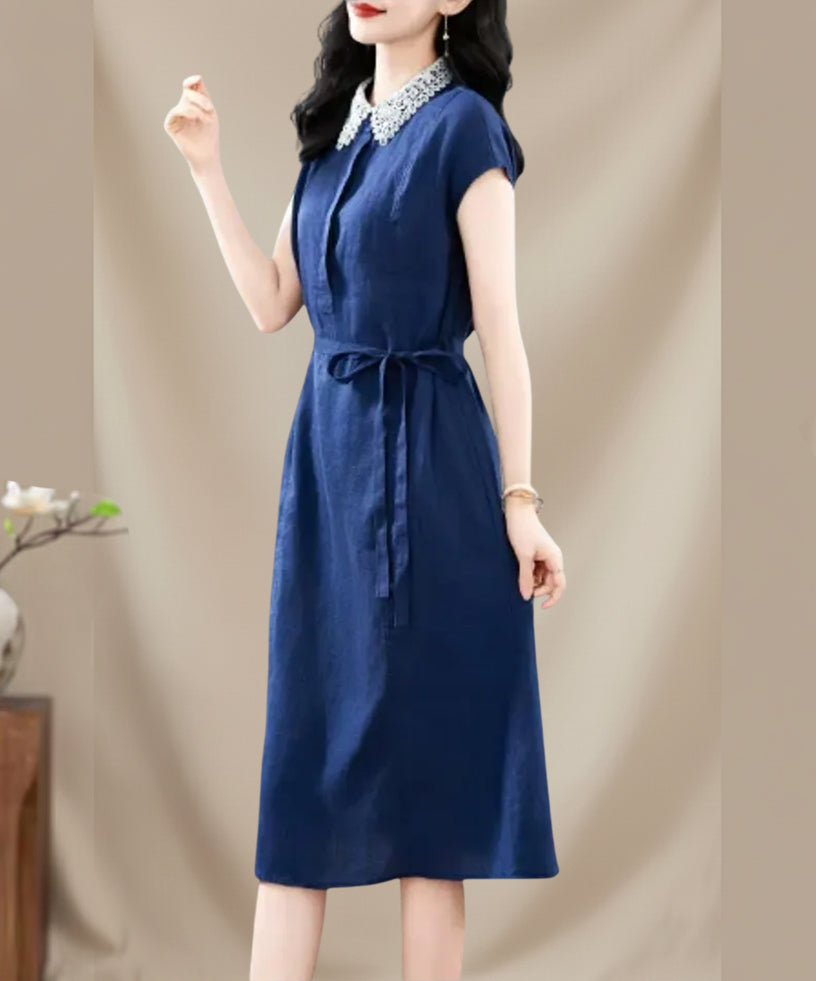 100% Linen Belted Midi Dress with Pockets – Organic Flax, Collared Neck
