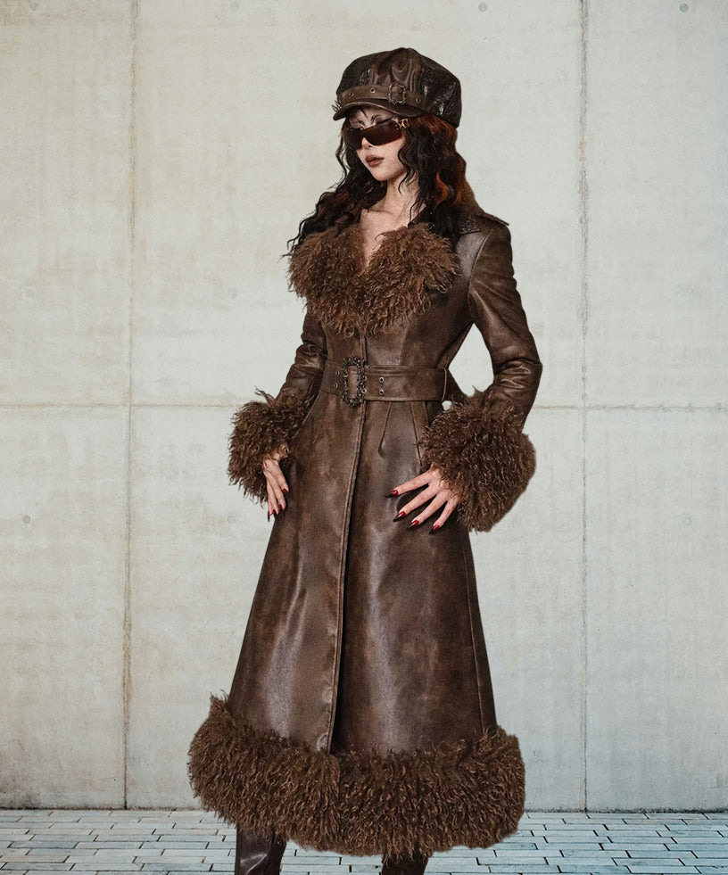 Distressed Brown Lambskin Leather Trench Coat with Shearling Collar