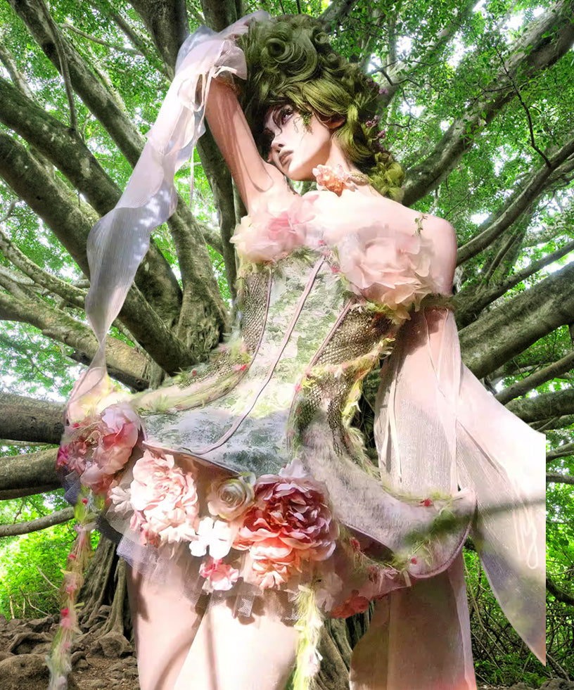 Fairy Tale Corset Dress – Forest Spirit Flower Goddess Gown | Cottagecore Corset Dress | Fairycore Chiffon Skirt Set