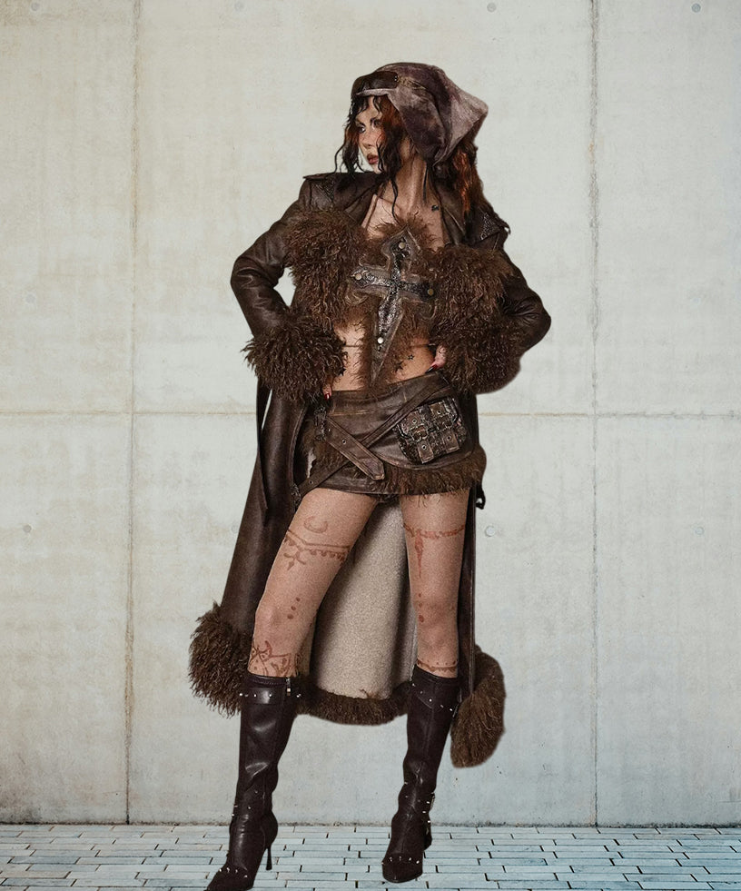 Distressed Brown Lambskin Leather Trench Coat with Shearling Collar