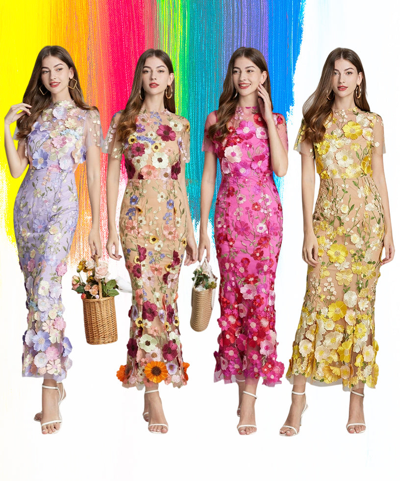 Floral Embroidered Mesh Party Dress – Elegant Fishtail Formal Gown, Beach Holiday Dress, Wedding Guest Outfit