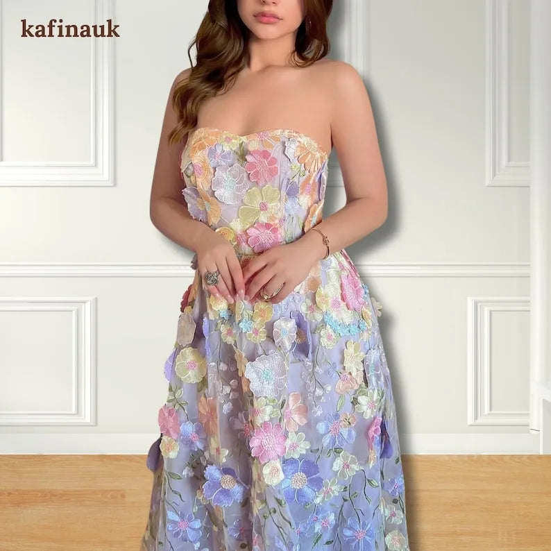 Embroidered Floral Tulle Dress: Strapless Spring Midi Gown