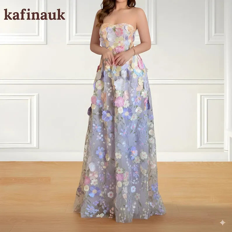 Embroidered Floral Tulle Dress: Strapless Spring Midi Gown