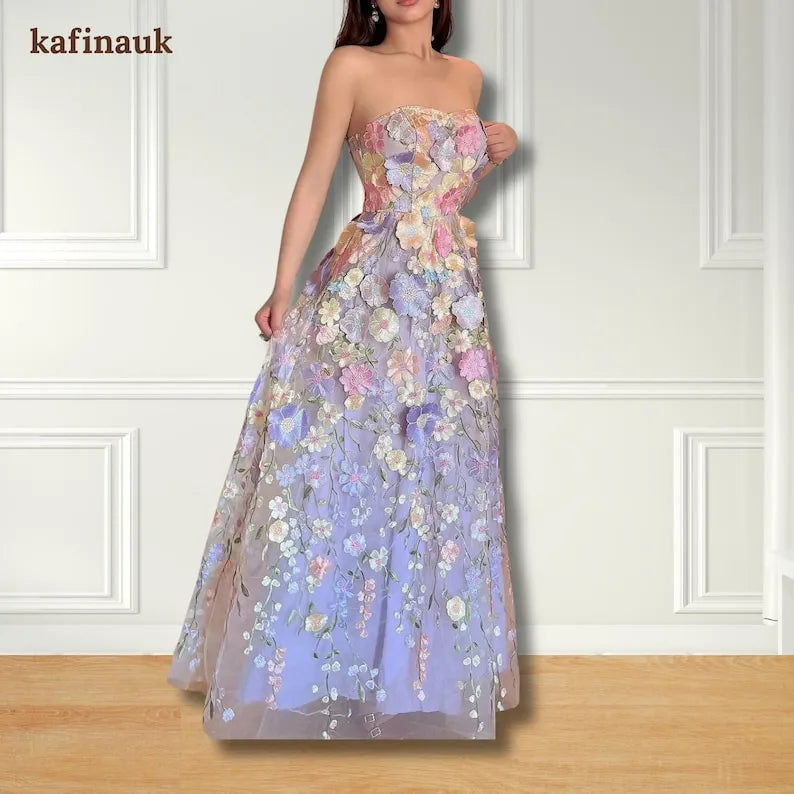 Embroidered Floral Tulle Dress: Strapless Spring Midi Gown