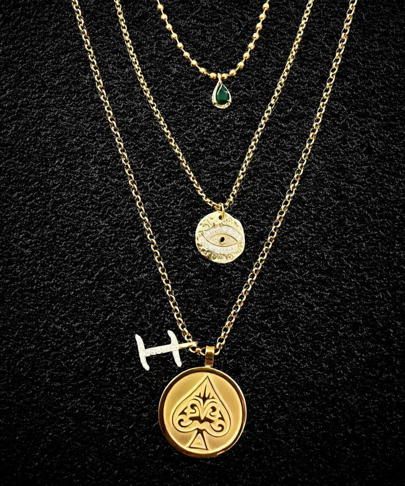 F1 Brad Pitt Triple Layered Pendant Necklace,Ace of Spades Necklace Sterling Silver Sonny Hayes F1 Inspired Pendant, 60cm Rolo Chain