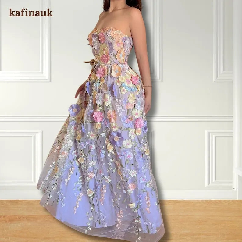 Embroidered Floral Tulle Dress: Strapless Spring Midi Gown