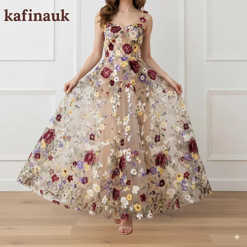 Floral Embroidered Tulle Evening Dress: 3D Applique Suspender Gown-wedding guest dress-wedding gift-