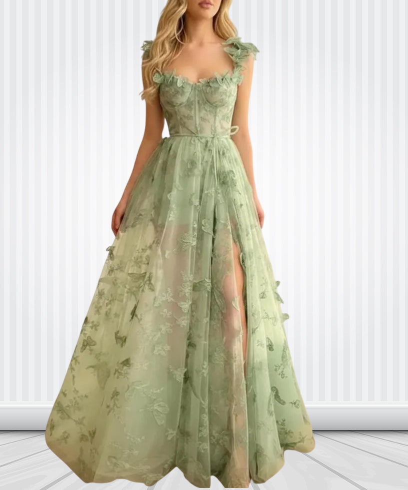 Floral Embroidered Tulle Maxi Dress – Sage Green Corset Cottagecore Gown | Formal Multiway Wrap Bridesmaid Dress for Evening & Holiday Events