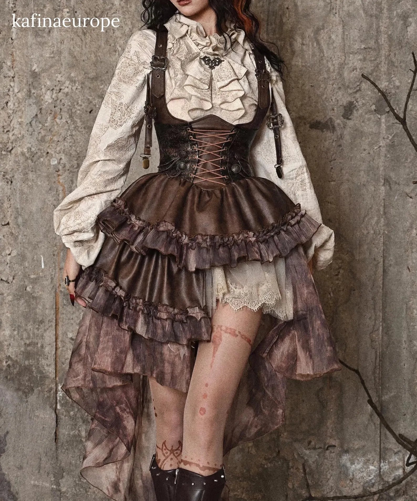 Steampunk Corset Brown Faux Leather & Damask Bustle Victorian Corset Dress High-Low Ruffle Gown, Renaissance Gothic Witchy Long Dress