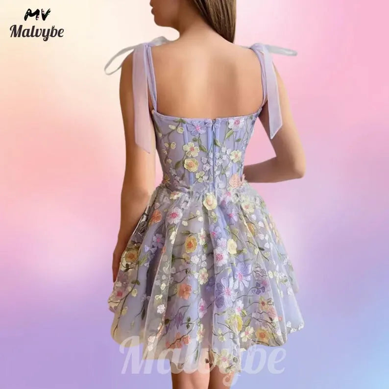 Floral Embroidered Tulle Dress: 3D Flower Appliqué Fairycore Party Outfit | Romantic A-Line dress