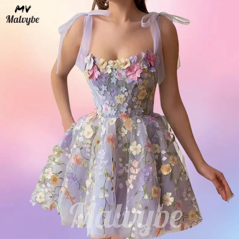 Floral Embroidered Tulle Dress: 3D Flower Appliqué Fairycore Party Outfit | Romantic A-Line dress