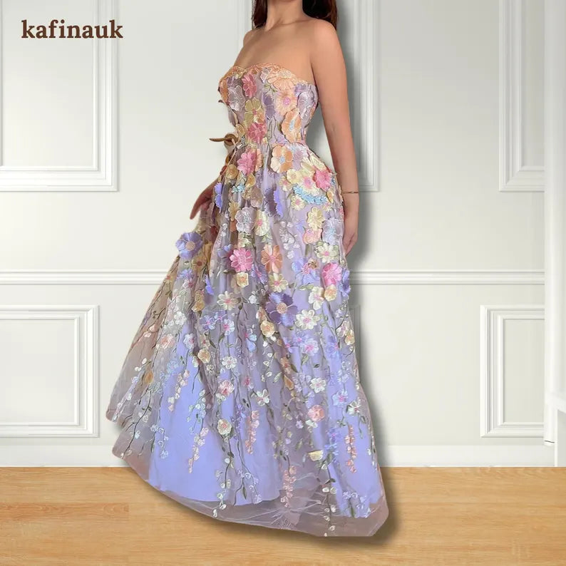 Embroidered Floral Tulle Dress: Strapless Spring Midi Gown