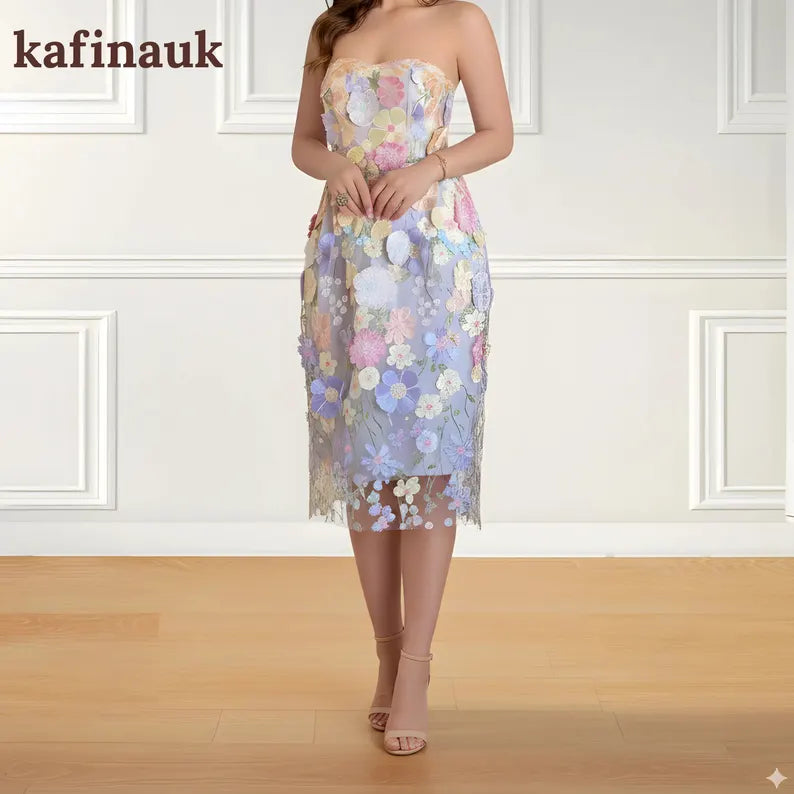 Embroidered Floral Tulle Dress: Strapless Spring Midi Gown