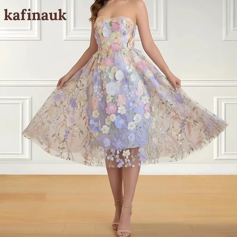 Embroidered Floral Tulle Dress: Strapless Spring Midi Gown