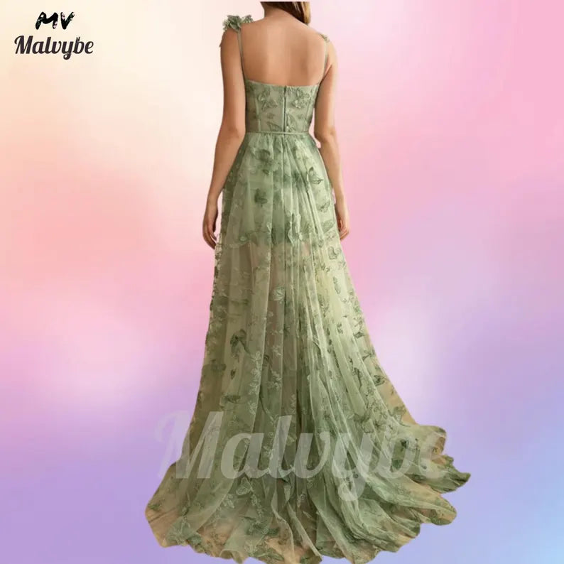 Green Ruffle Maxi Dress: Floral Lace Cottagecore Gown