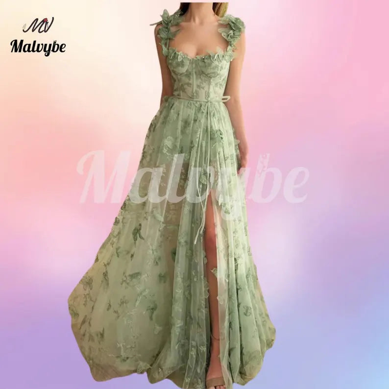 Green Ruffle Maxi Dress: Floral Lace Cottagecore Gown