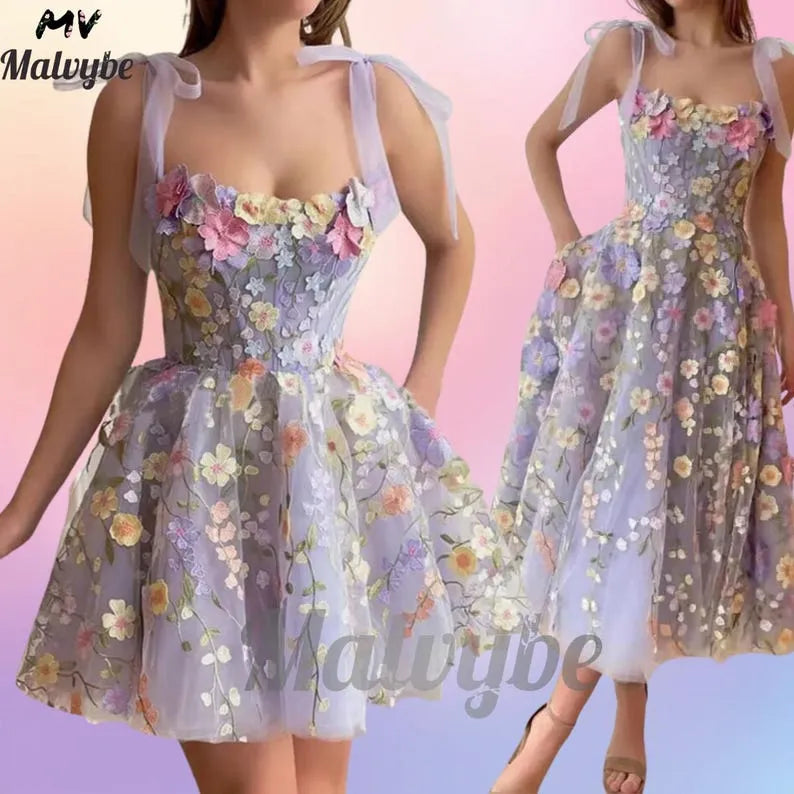 Floral Embroidered Tulle Dress: 3D Flower Appliqué Fairycore Party Outfit | Romantic A-Line dress