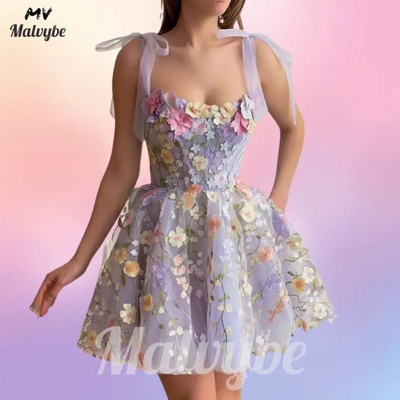 Floral Embroidered Tulle Dress: 3D Flower Appliqué Fairycore Party Outfit | Romantic A-Line dress