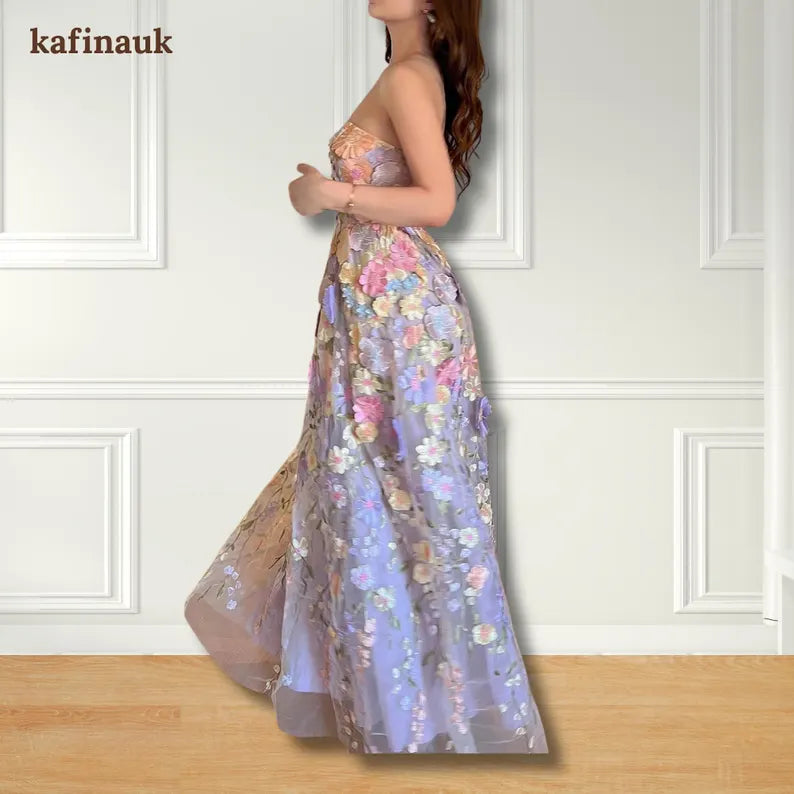 Embroidered Floral Tulle Dress: Strapless Spring Midi Gown