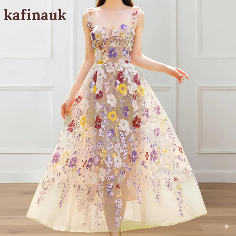 Floral Embroidered Tulle Evening Dress: 3D Applique Suspender Gown-wedding guest dress-wedding gift-