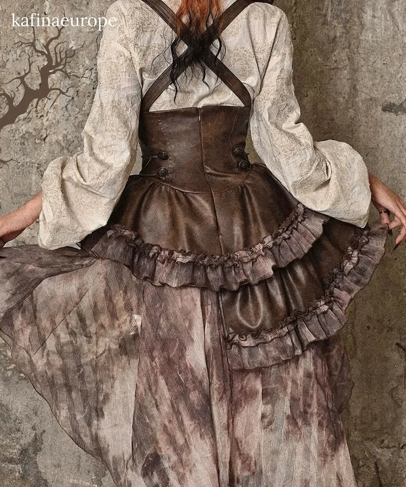 Steampunk Corset Brown Faux Leather & Damask Bustle Victorian Corset Dress High-Low Ruffle Gown, Renaissance Gothic Witchy Long Dress