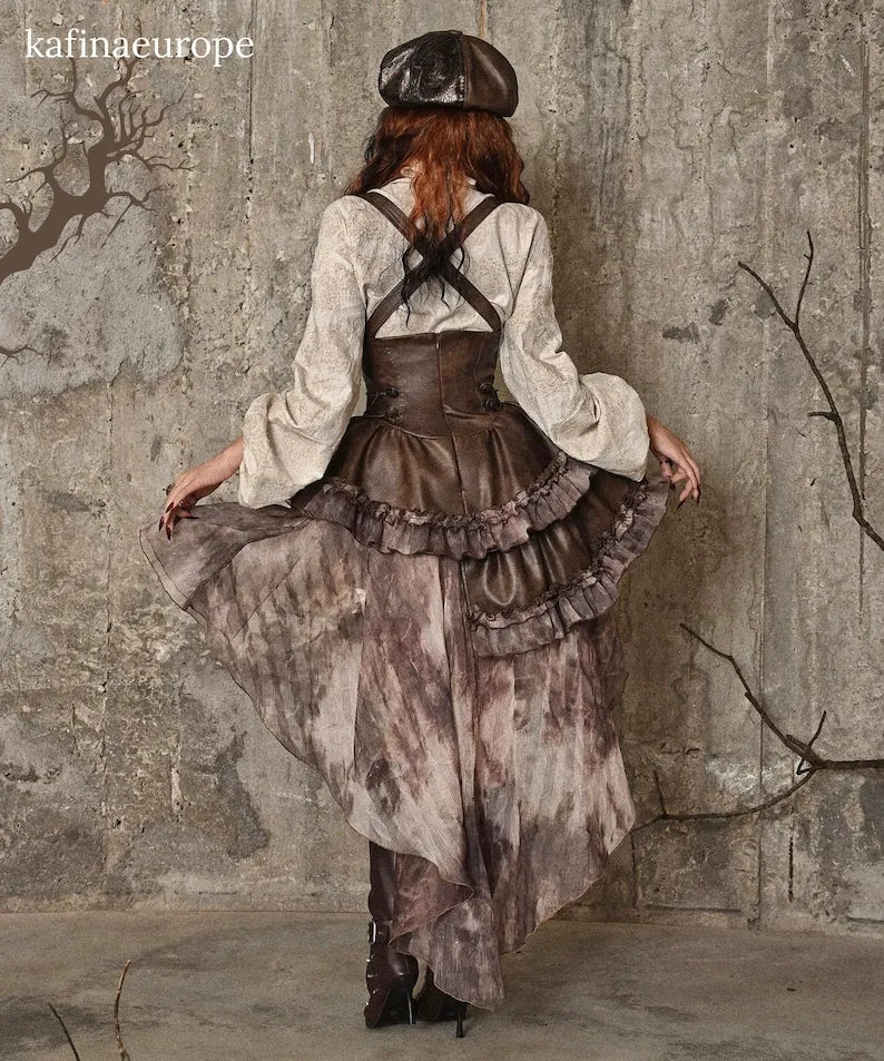 Steampunk Corset Brown Faux Leather & Damask Bustle Victorian Corset Dress High-Low Ruffle Gown, Renaissance Gothic Witchy Long Dress