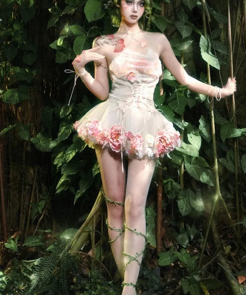 Fairy tale corset dress Forest Spirit Flower Goddess Fairy Dress Fantasy Style Gown | Cottagecore Corset Dress | Fairycore Chiffon Skirt Set