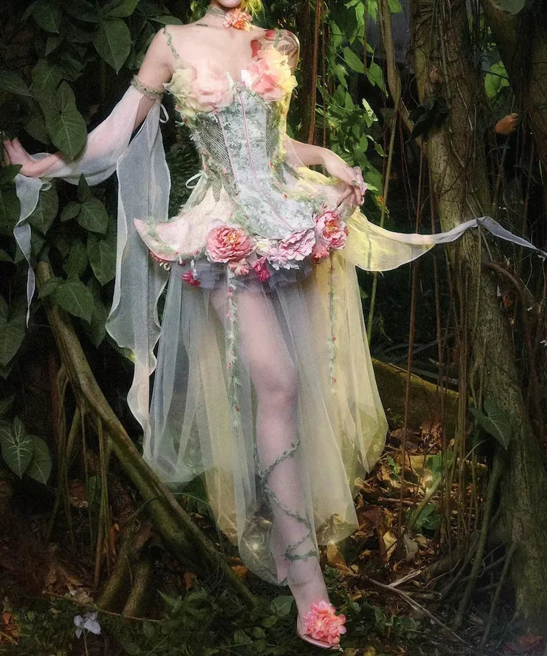 Fairy tale corset dress Forest Spirit Flower Goddess Fairy Dress Fantasy Style Gown | Cottagecore Corset Dress | Fairycore Chiffon Skirt Set