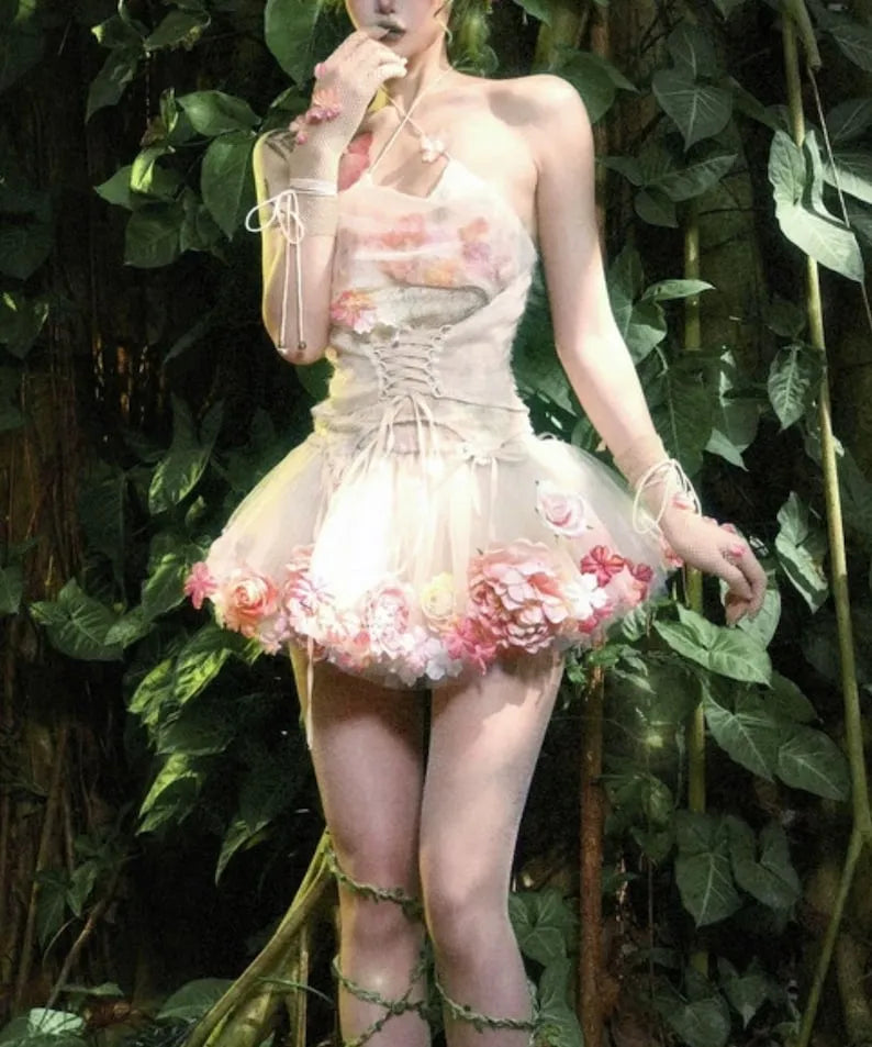 Fairy tale corset dress Forest Spirit Flower Goddess Fairy Dress Fantasy Style Gown | Cottagecore Corset Dress | Fairycore Chiffon Skirt Set