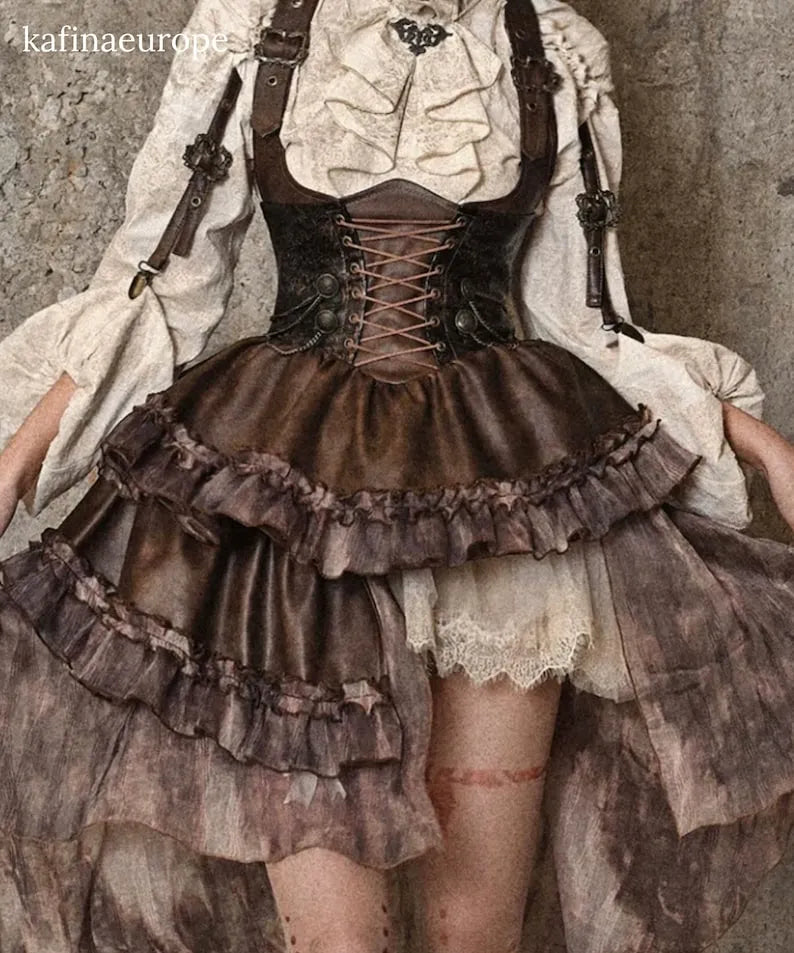 Steampunk Corset Brown Faux Leather & Damask Bustle Victorian Corset Dress High-Low Ruffle Gown, Renaissance Gothic Witchy Long Dress