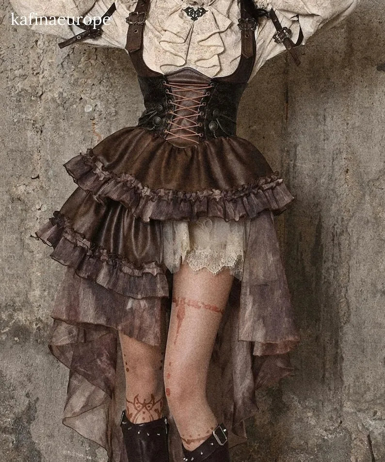 Steampunk Corset Brown Faux Leather & Damask Bustle Victorian Corset Dress High-Low Ruffle Gown, Renaissance Gothic Witchy Long Dress