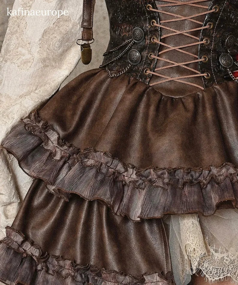 Steampunk Corset Brown Faux Leather & Damask Bustle Victorian Corset Dress High-Low Ruffle Gown, Renaissance Gothic Witchy Long Dress