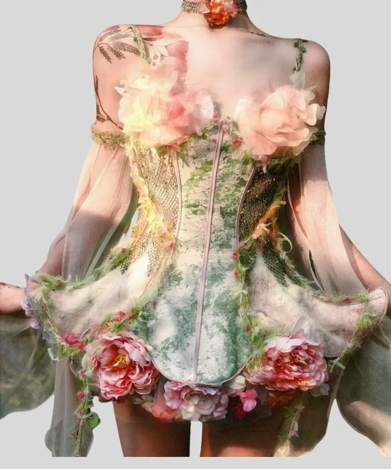 Fairy tale corset dress Forest Spirit Flower Goddess Fairy Dress Fantasy Style Gown | Cottagecore Corset Dress | Fairycore Chiffon Skirt Set