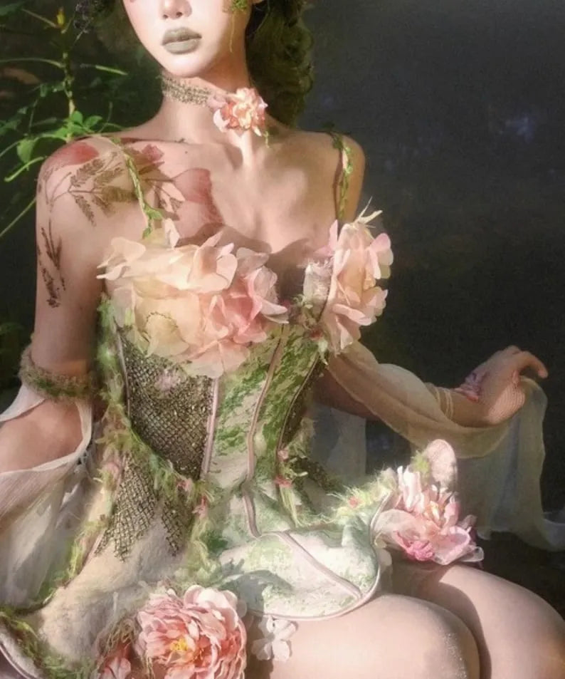 Fairy tale corset dress Forest Spirit Flower Goddess Fairy Dress Fantasy Style Gown | Cottagecore Corset Dress | Fairycore Chiffon Skirt Set